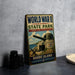 A vintage World War II commemorative sign for Rhode Island State Park, featuring an illustration of a World War II fort and a cannon, with the text "WORLD WAR II STATE PARK" and "HONORING HISTORY, PRESERVING FREEDOM".