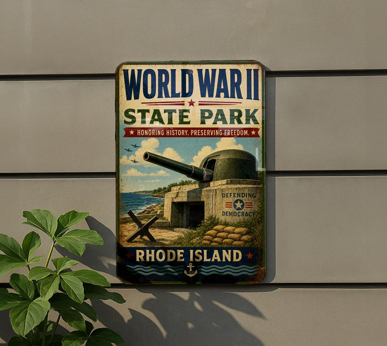 A vintage World War II commemorative sign for Rhode Island State Park, featuring a cannon and a coastal scene, mounted on a wall.