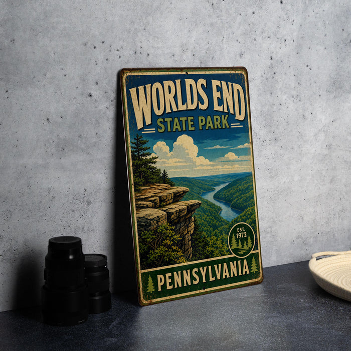 A vintage-style metal sign for Worlds End State Park in Pennsylvania, featuring a scenic landscape with a cliff overlooking a river.