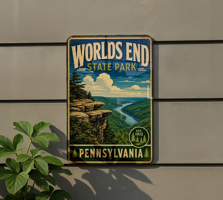 A vintage-style metal sign for Pennsylvania State Park, featuring a scenic landscape with a cliff overlooking a river.