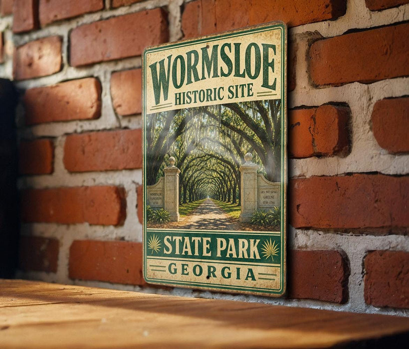 A vintage-style metal sign for the Wormsloe Historic Site in State Park, Georgia, featuring a path lined with trees and a gate leading to the entrance.