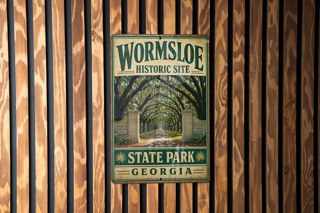 A metal sign for Wormsloe Historic Site in Georgia, featuring a path lined with trees and a gate, mounted on a wooden wall.