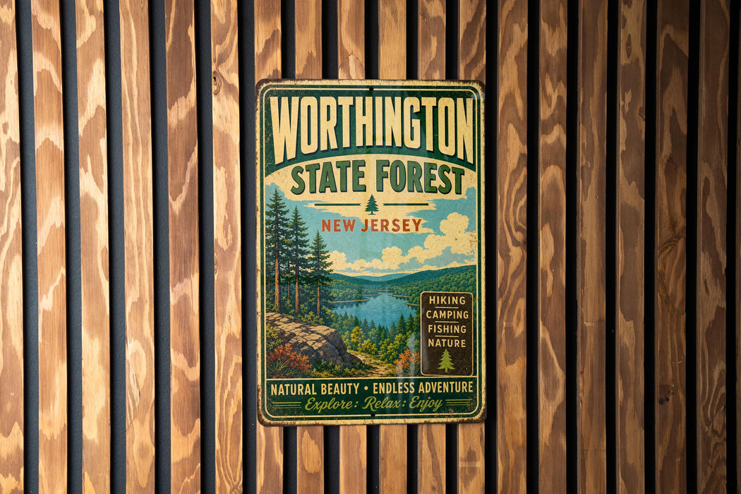 A vintage metal sign for WorthINGTON STATE FOREST NEW JERSEY, featuring a scenic landscape with pine trees, a lake, and mountains.