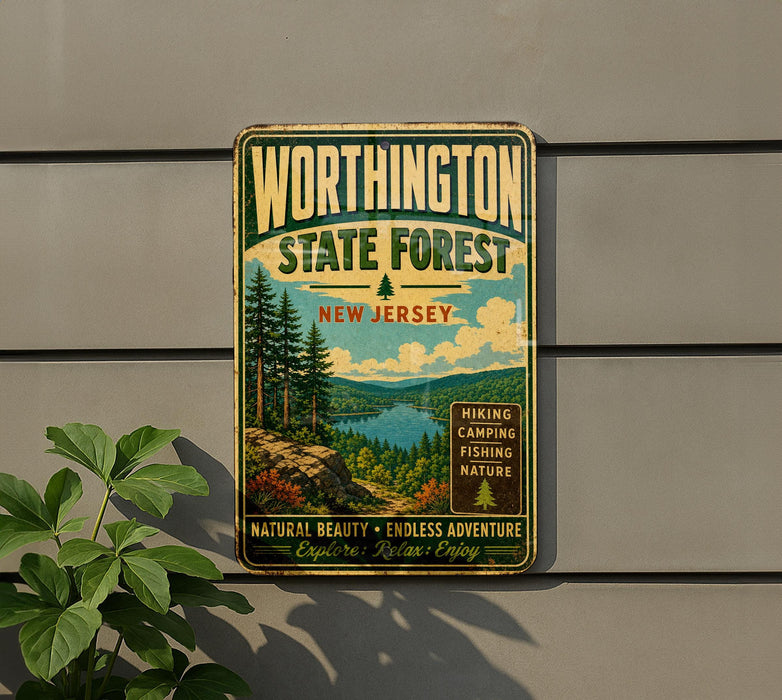 A vintage metal sign for Worthington State Forest in New Jersey, featuring a scenic landscape with pine trees, a lake, and mountains.