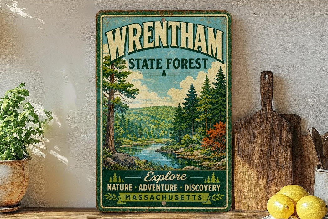 A vintage-style sign for Wrentham State Forest, featuring a scenic illustration of a forest landscape with a river and mountains in the background.