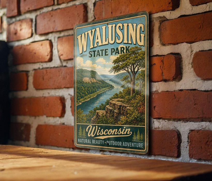 A vintage-style metal sign for Wyalusing State Park in Wisconsin, featuring a scenic landscape with a river and mountains.