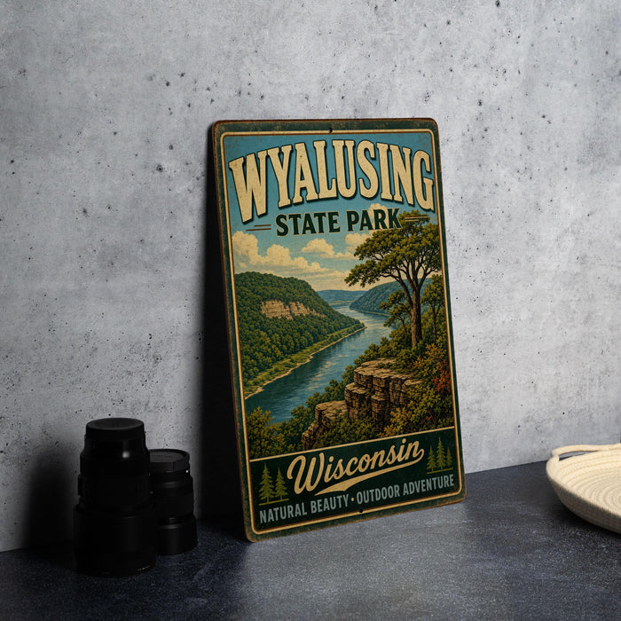 A vintage-style sign for Wyalusing State Park in Wisconsin, featuring a scenic landscape with a river and mountains.