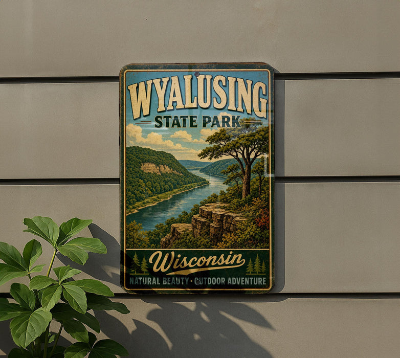 A vintage-style metal sign for Wyalusing State Park in Wisconsin, featuring a scenic landscape with a river and mountains.