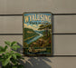 A vintage-style metal sign for Wyalusing State Park in Wisconsin, featuring a scenic landscape with a river and mountains.