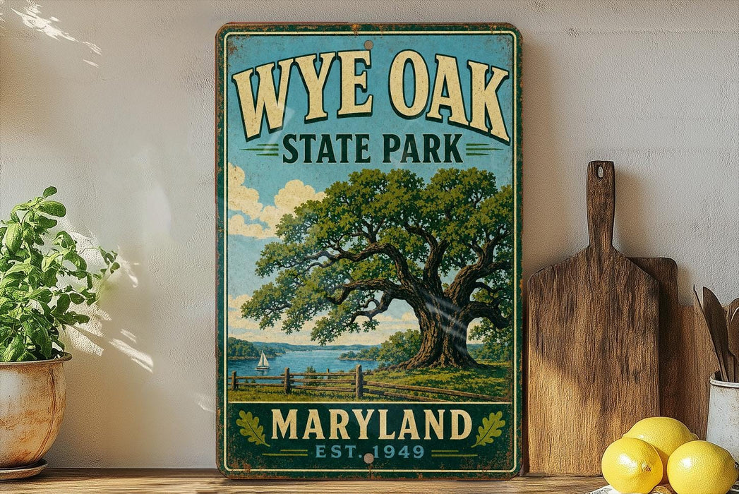 A vintage-style metal sign for Wyke Oak State Park in Maryland, featuring a large oak tree and a serene landscape.