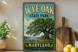 A vintage-style metal sign for Wyke Oak State Park in Maryland, featuring a large oak tree and a serene landscape.