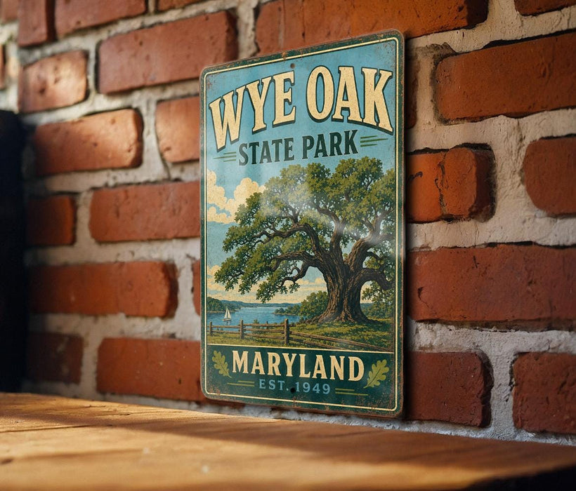 A vintage-style metal sign for Wye Oak State Park in Maryland, featuring a large tree and a serene landscape.