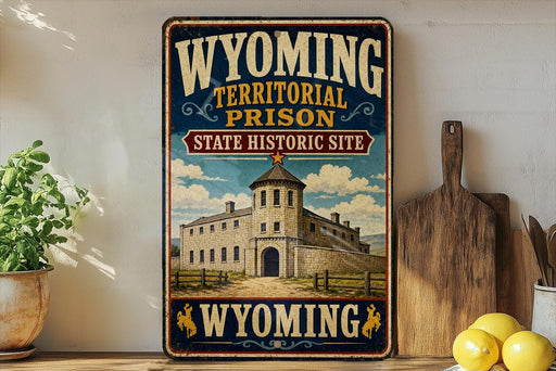 A vintage-style sign for the Wyoming Territorial Prison State Historic Site, featuring an illustration of a castle-like building and the text "Wyoming" prominently displayed.