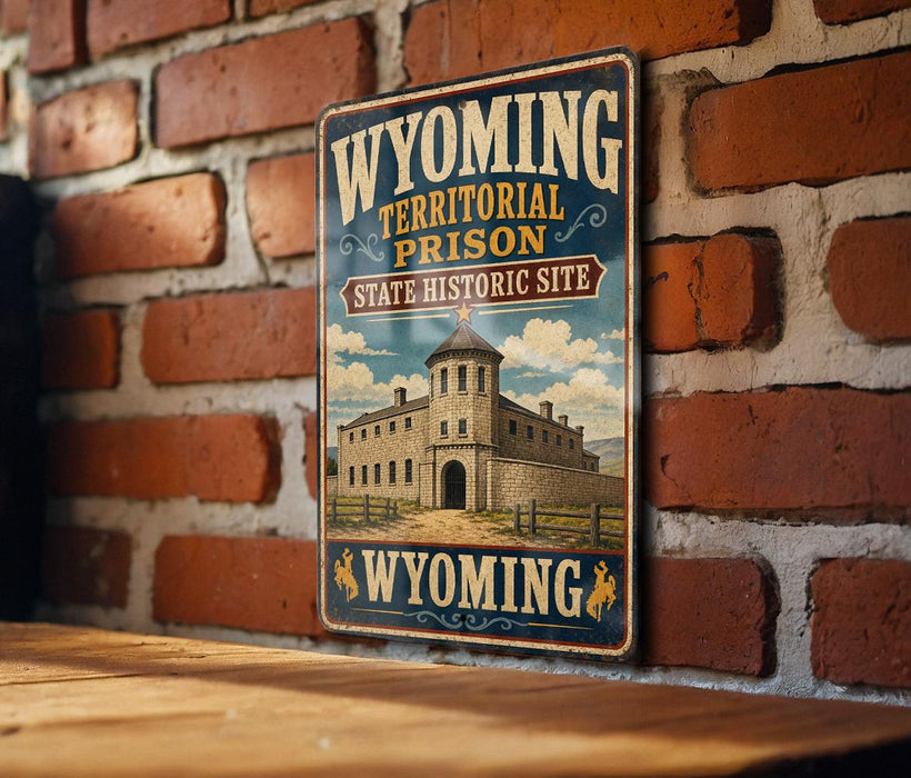A vintage-style metal sign displaying the name "Wyoming Territorial Prison State Historic Site" with an illustration of a castle-like building.