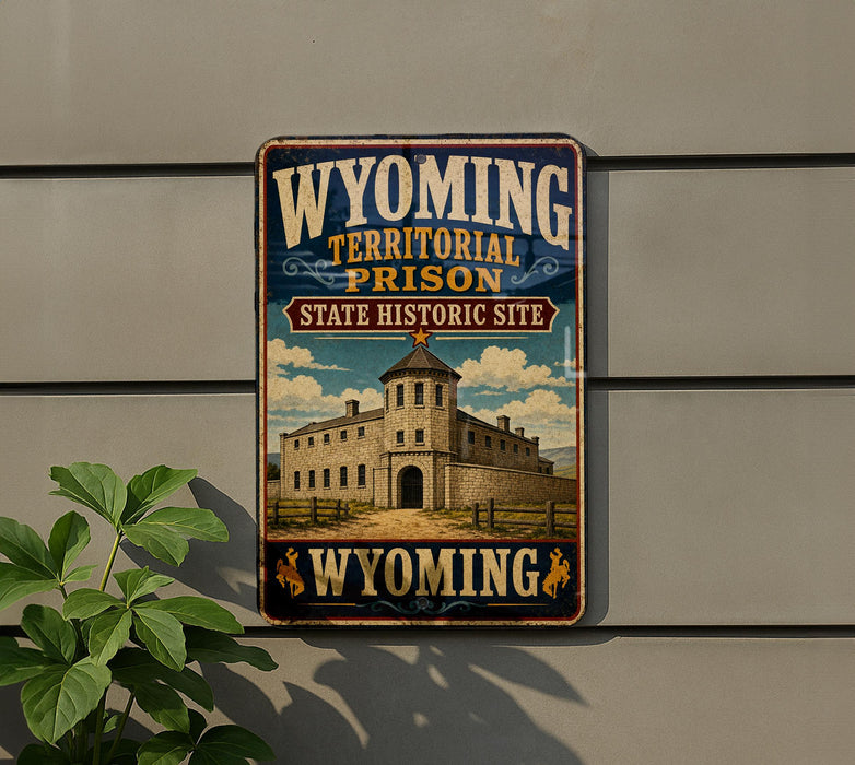 A vintage-style sign for the Wyoming Territorial Prison State Historic Site, featuring an illustration of a castle-like building.