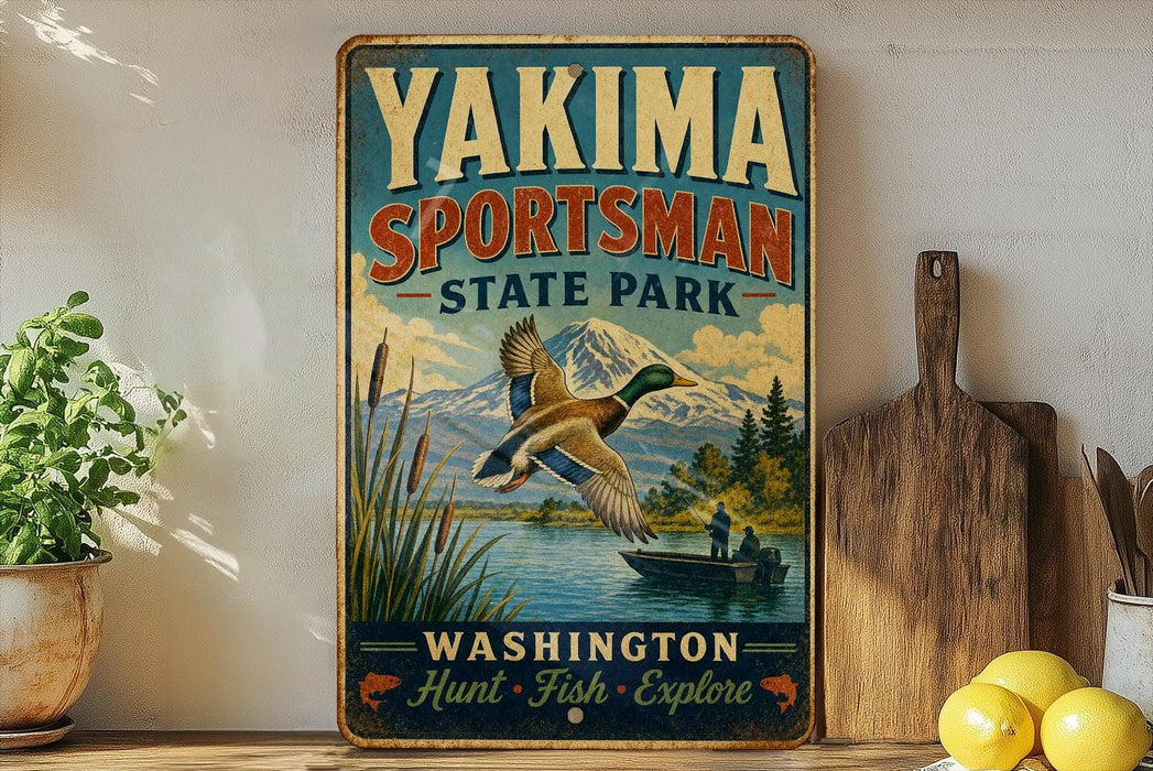 A vintage-style sign for Yakima Sportsman State Park, featuring a duck in flight over a lake, with mountains in the background.