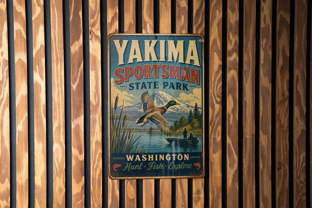 A vintage metal sign for Yakima Sportsman State Park, featuring a scenic image of ducks flying over a lake and mountains in the background.