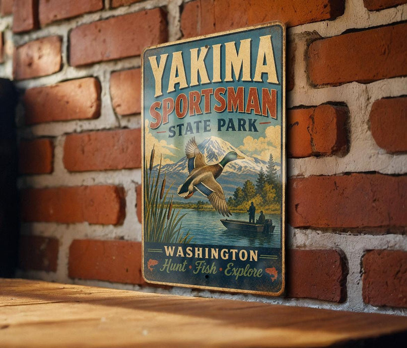 A vintage-style metal sign for Yakima Sportsman State Park, featuring a scenic illustration of ducks and a mountain backdrop, mounted on a brick wall.