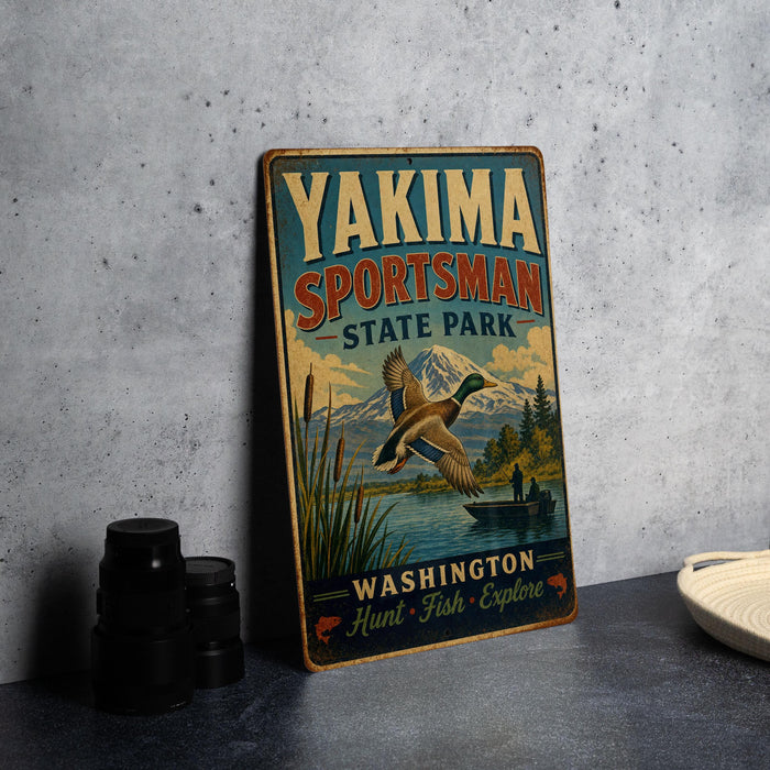 A vintage-style sign for Yakima Sportsman State Park, featuring a scenic illustration of ducks and a mountain landscape.