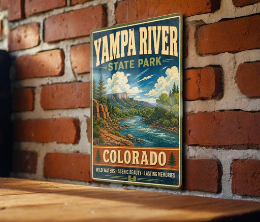 A vintage-style sign for Yampa River State Park in Colorado, featuring a scenic landscape with a river, mountains, and trees.