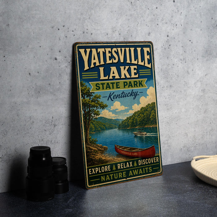 A vintage-style metal sign for Yatesville Lake State Park in Kentucky, featuring a scenic illustration of a lake with a canoe and trees.