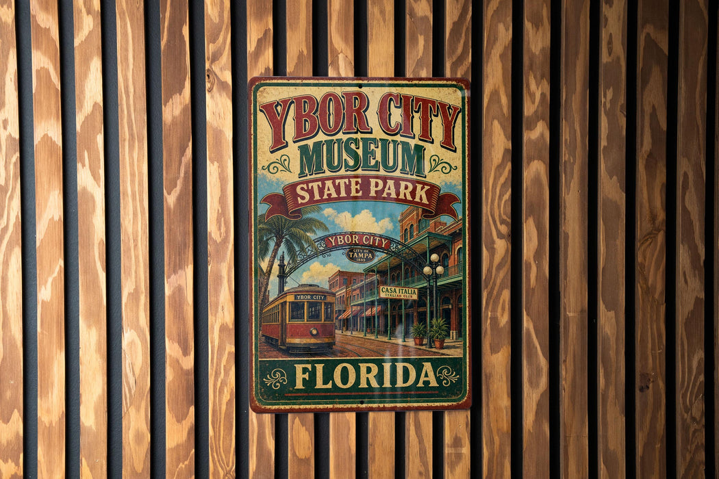 A vintage-style metal sign for Ybor City Museum, located in Florida, featuring a colorful illustration of a trolley car and palm trees.