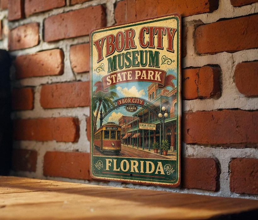 A vintage-style metal sign for the Ybor City Museum, featuring a trolley car and palm trees, is displayed on a brick wall.