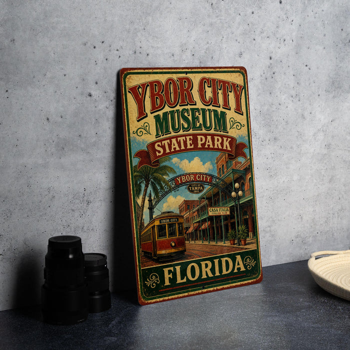 A vintage-style metal sign for the Ybor City Museum, featuring an illustration of a trolley car and palm trees, with the text "YBOR CITY MUSEUM STATE PARK" and "FLORIDA" printed on it.