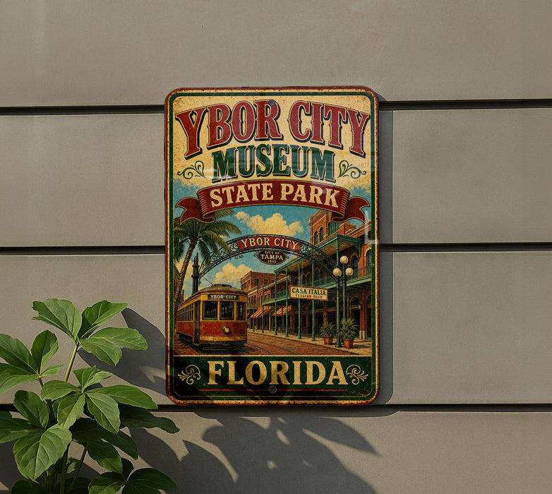 A vintage-style metal sign for Ybor City Museum, featuring a trolley car and palm trees, is displayed on a wall.