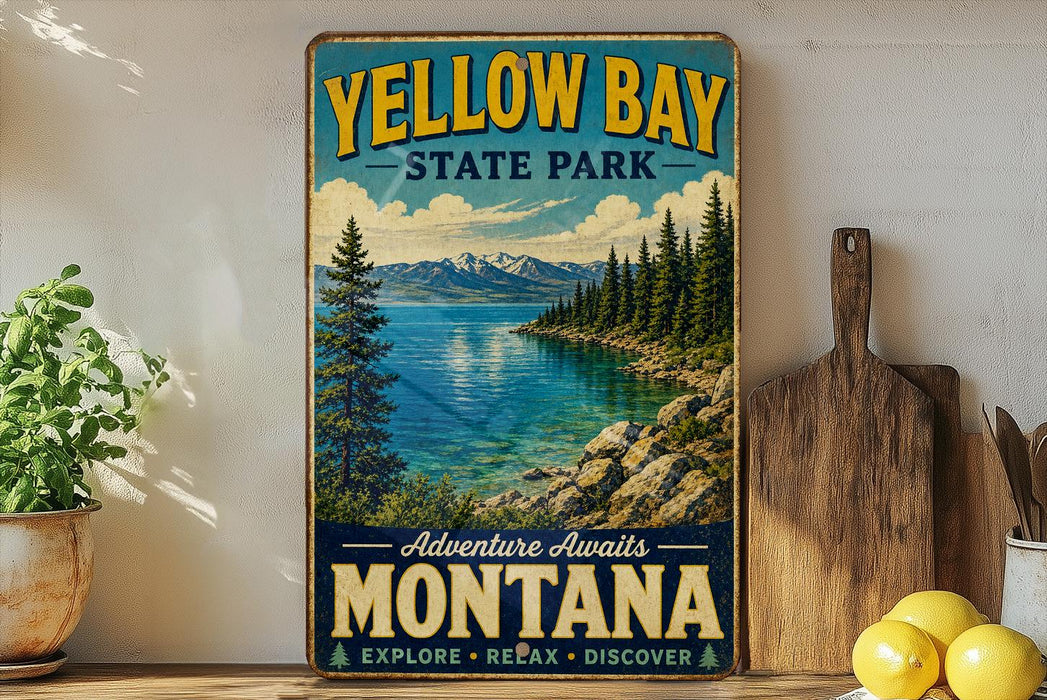 A vintage-style sign for Yellow Bay State Park in Montana, featuring a scenic landscape with pine trees, mountains, and a lake.