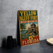 A vintage-style sign for Yellow Bluff Fort, a historic state park in Florida, featuring a palm tree and a building.