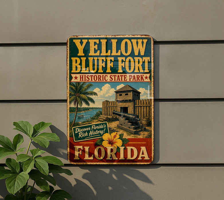 A vintage-style metal sign for Yellow Bluff Fort Historic State Park, featuring a palm tree, a fort, and the text "Yellow Bluff Fort" and "FLORIDA".
