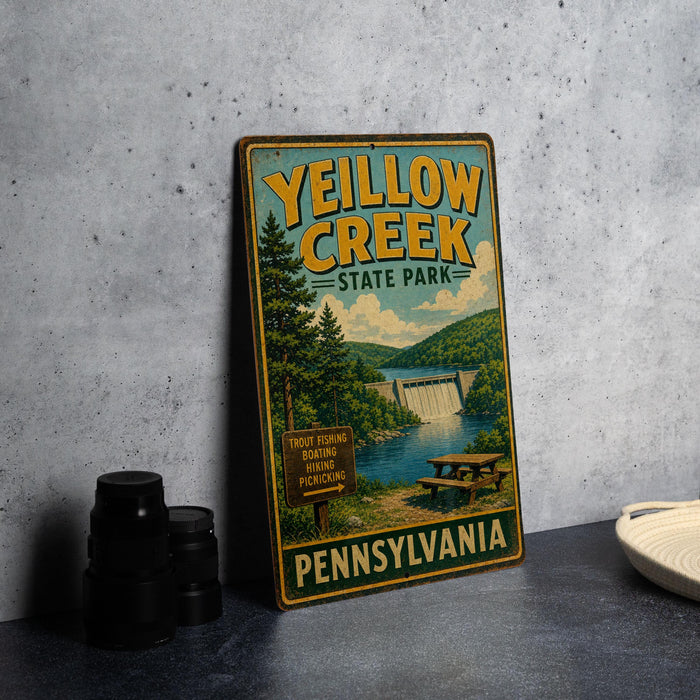 A vintage metal sign for Yellow Creek State Park in Pennsylvania, featuring a scenic illustration of the park and its surroundings.