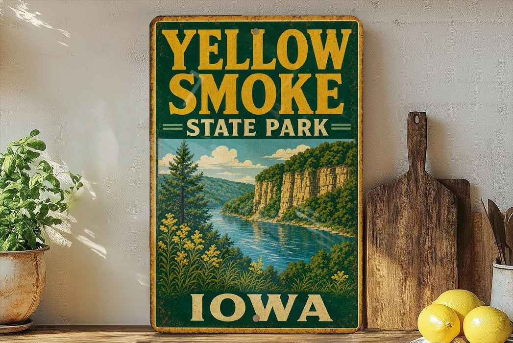 A vintage-style sign for Yellow Smoke State Park in Iowa, featuring a scenic landscape with a river and mountains.