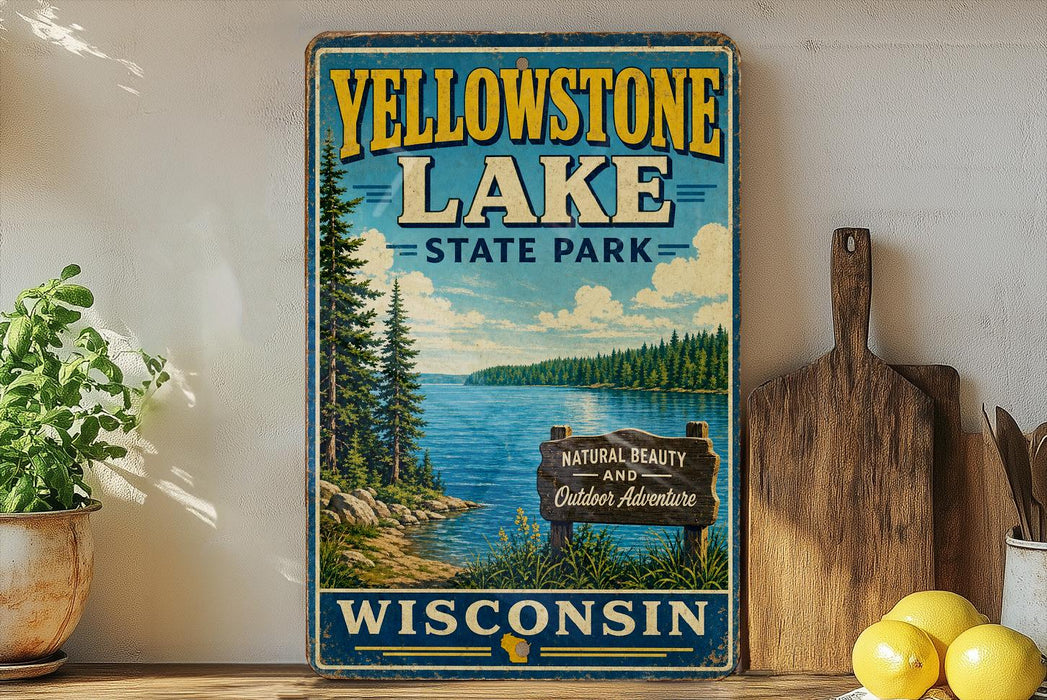 A vintage-style sign for Yellowstone Lake State Park in Wisconsin, featuring a scenic landscape with a lake, pine trees, and mountains.