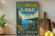 A vintage-style sign for Yellowstone Lake State Park in Wisconsin, featuring a scenic landscape with a lake, pine trees, and mountains.