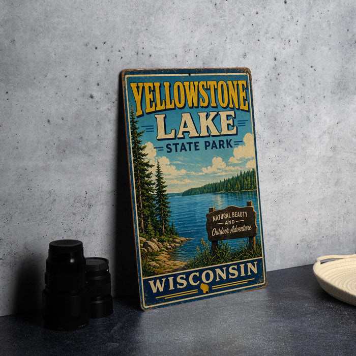 A vintage-style sign for Yellowstone Lake State Park in Wisconsin, featuring a scenic illustration of the lake surrounded by pine trees and mountains.