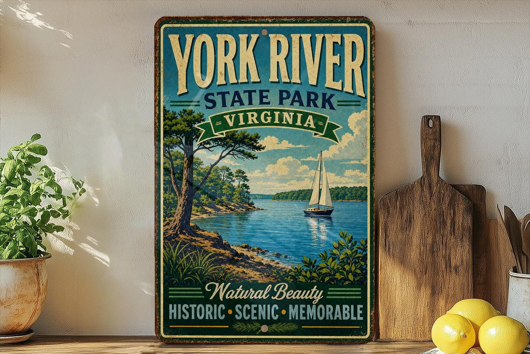 A vintage-style sign for York River State Park, Virginia, featuring a scenic illustration of a sailboat on a river surrounded by lush greenery.