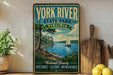 A vintage-style sign for York River State Park, Virginia, featuring a scenic illustration of a sailboat on a river surrounded by lush greenery.