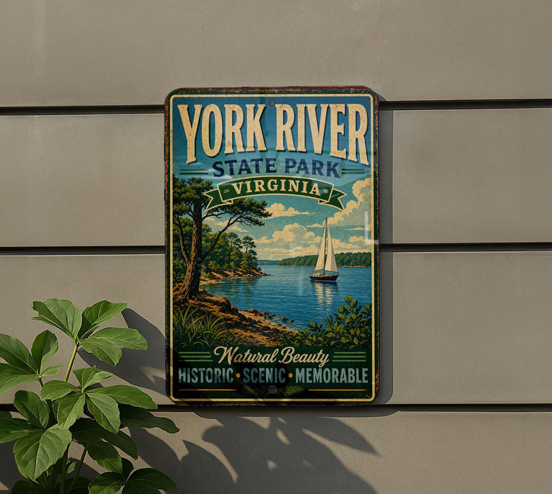 A vintage-style sign for York River State Park, Virginia, featuring a sailboat on a river surrounded by trees and a scenic landscape.