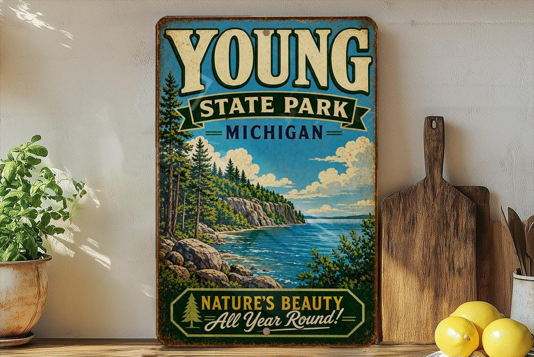 A vintage-style sign for Young State Park in Michigan, featuring a scenic landscape with a lake, mountains, and pine trees.