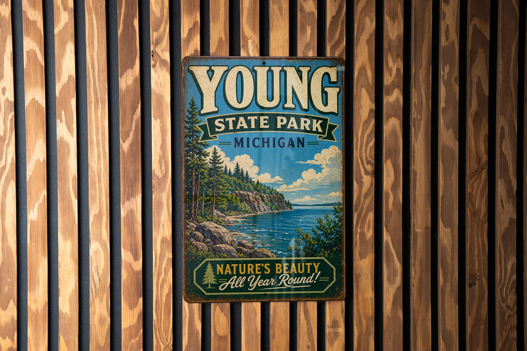 A vintage metal sign for Young State Park in Michigan, featuring a scenic landscape with a lake and mountains.