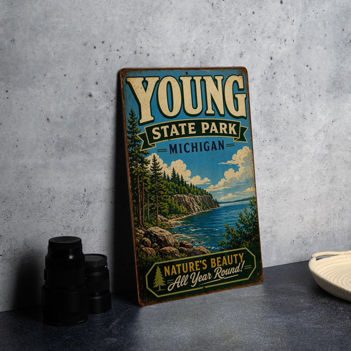A vintage-style metal sign for Young State Park in Michigan, featuring a scenic landscape with a lake, mountains, and pine trees.