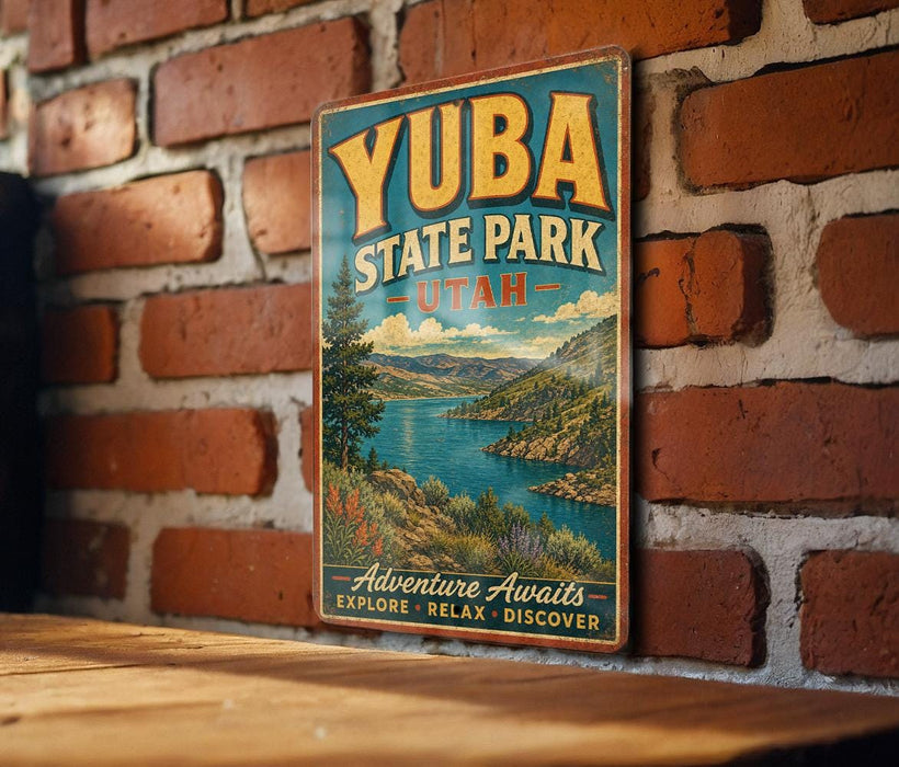 A vintage-style metal sign for Yuba State Park in Utah, featuring a scenic landscape with mountains, a lake, and a forest.