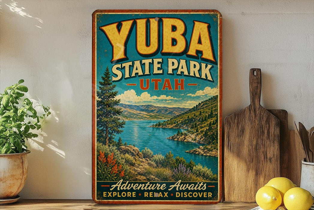 A vintage-style poster advertising Yuba State Park in Utah, featuring a scenic landscape with mountains, a lake, and pine trees.