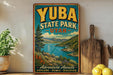 A vintage-style poster advertising Yuba State Park in Utah, featuring a scenic landscape with mountains, a lake, and pine trees.