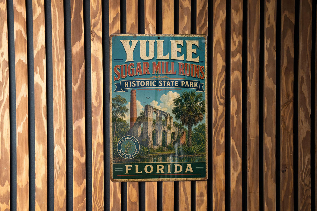 A vintage-style metal sign for Yule Sugar Mill Ruins, located in Historic State Park in Florida.