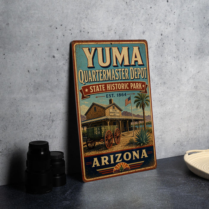 A vintage-style metal sign for Yuma Quartermaster Depot, a historic park in Arizona, featuring an illustration of a building and a wagon.
