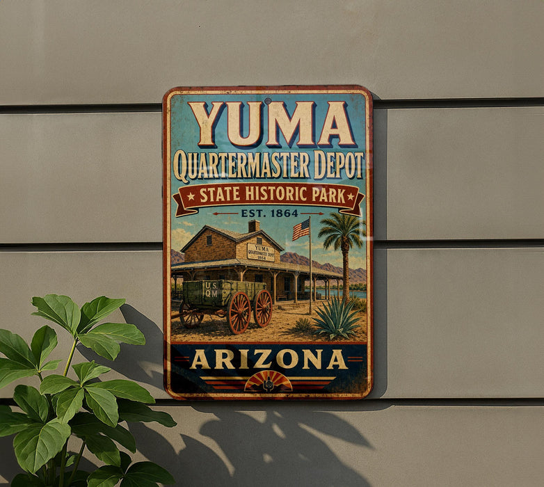 A vintage-style sign for Yuma Quartermaster Depot, a historic park in Arizona, featuring a wagon and a desert landscape.