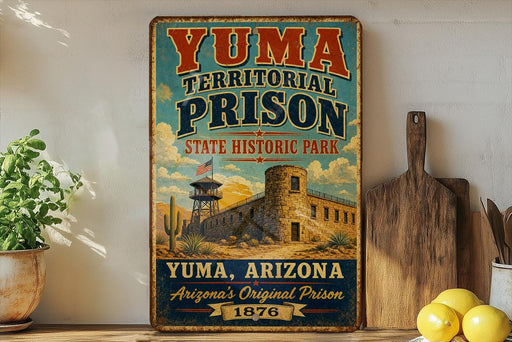 A vintage-style sign for Yuma Territorial Prison, featuring a castle and desert landscape, is displayed on a shelf next to a wooden cutting board and some lemons.